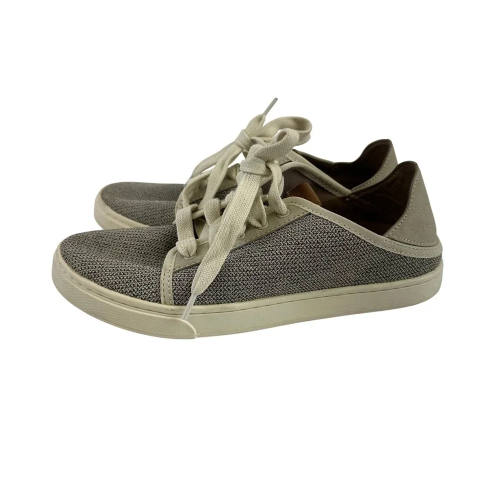 OluKai Pehuea Li Sneaker Lightweight Tapa Gray Knit Lace Up Drop Heel Womens 7.5